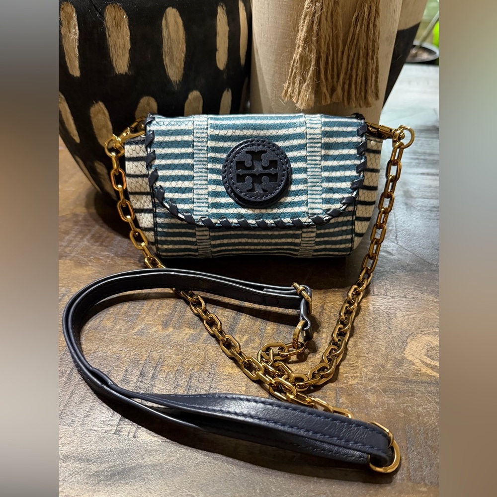 Euc Tory Burch Marion Python Embossed Leather Sma… - image 1